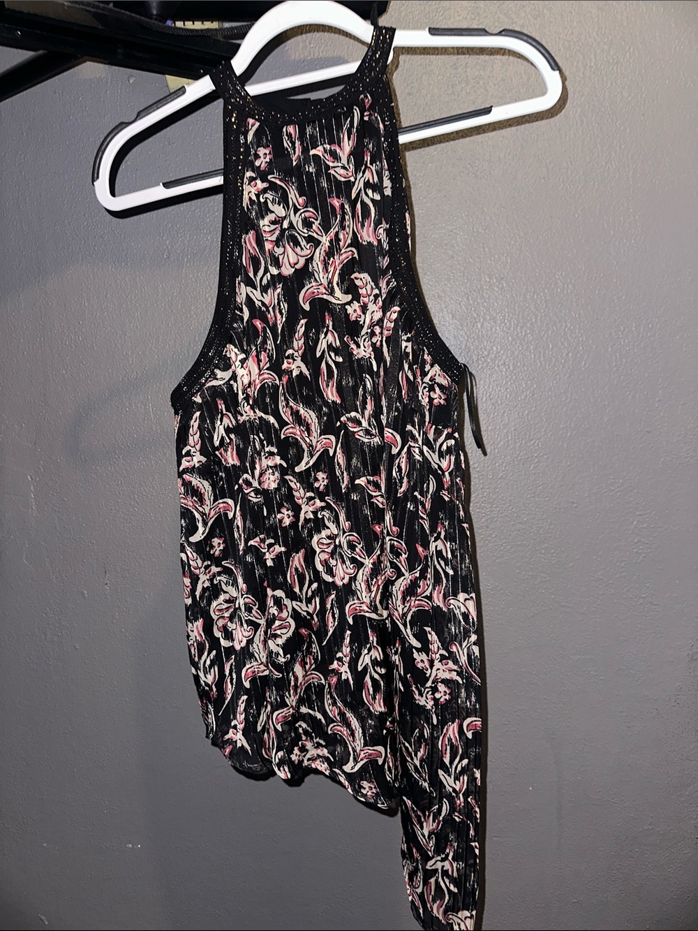 Zara Black Floral Halter Neck Top with Pink and White Accents
